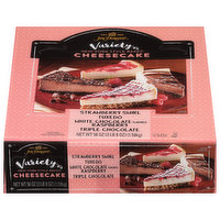 Jon Donaire Cheesecake, Strawberry Swirl Tuxedo, White Chocolate Flavored Raspberry, Triple Chocolate, Variety Pack, 56 Ounce