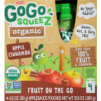 GoGo Squeez Apple Sauce, Organic, Fruit On The Go, Apple Cinnamon, 4 Pack, 12.8 Ounce