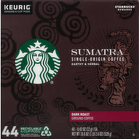 Starbucks Coffee, Ground, Dark Roast, Sumatra, K-Cup Pods, 44 Each