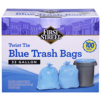 First Street Blue Trash Bags, Twist Tie, 33 Gallon, 100 Each