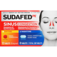 Sudafed PE Sinus Congestion, Daytime/Nighttime, Tablets, 20 Each