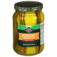 First Street Pickles, Kosher Dill, Sandwich Slices, Fresh Pack, 16 Fluid ounce