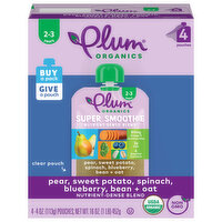 Plum Organics Super Smoothie Nutrient-Dense Blend Pear, Sweet Potato, Spinach, Blueberry, Bean & Oat 4oz Pouch-4-Pack, 16 Ounce