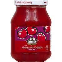 First Street Cherries, Maraschino, without Stems, Large, 16 Ounce