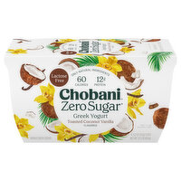 Chobani Yogurt, Greek, Nonfat, Zero Sugar, Toasted Coconut Vanilla Flavored, 4 Each