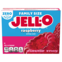 Jell-O Gelatin Dessert, Low Calorie, Zero Sugar, Raspberry, Family Size, 0.6 Ounce