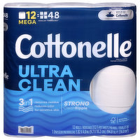 Cottonelle Toilet Paper, 3 in 1, Mega, 1-Ply, 12 Each