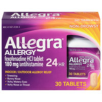 Allegra Allergy Relief, Non-Drowsy, Indoor/Outdoor, 180 mg, Tablets, 30 Each