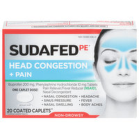Sudafed PE Head Congestion + Pain, 200 mg, Coated Caplets, 20 Each