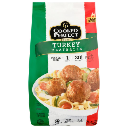 Cooked Perfect Meatballs, Turkey, Dinner Size