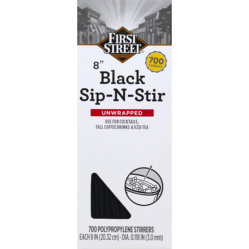 First Street Stirrers, Sip-N-Stir, Black, Unwrapped, 8 Inches