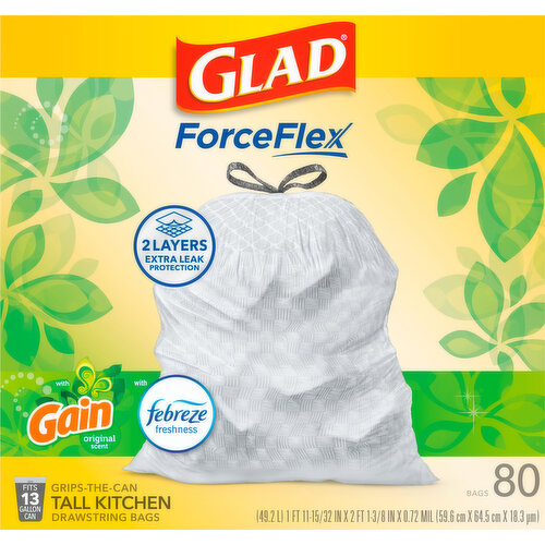 Glad Bags, Drawstring, Kitchen, Gain Original Scent with Febreze Freshness, 13 Gallon, Tall