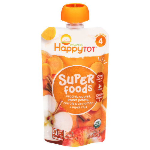 HappyTot Fruit & Veggie Blend, Organic Apples, Sweet Potato, Carrots, Cinnamon & Chia, Super Foods, 4 (2+ Years)