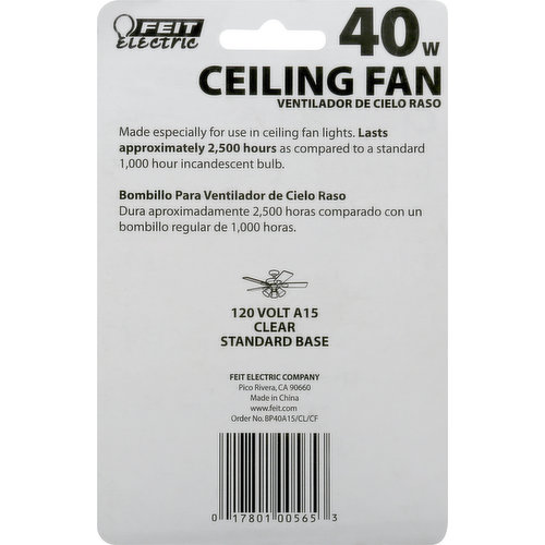 Feit Electric Light Bulbs, Ceiling Fan, Clear, 40 Watts