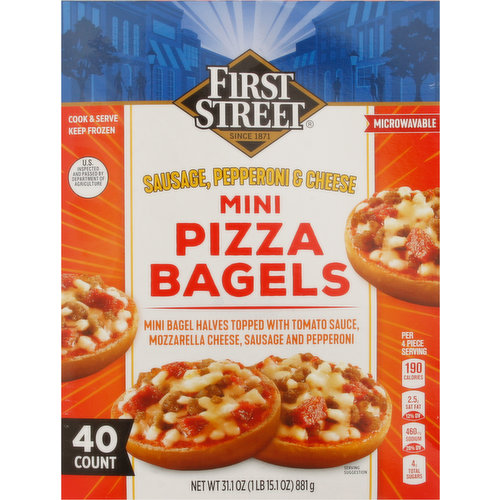 First Street Pizza Bagels, Sausage, Pepperoni & Cheese, Mini