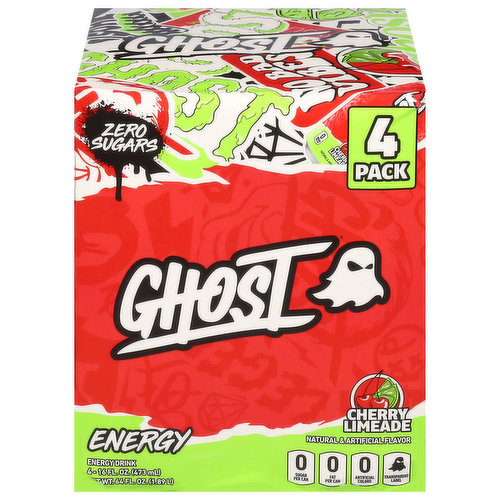 Ghost Energy Drink, Zero Sugars, Cherry Limeade, 4 Pack