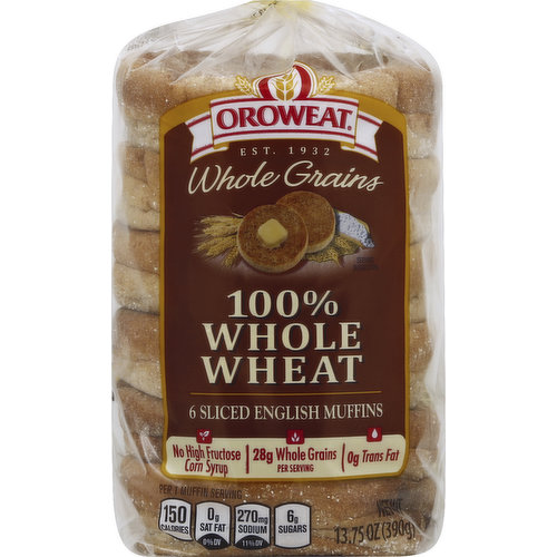 OROWEAT English Muffins, Sliced, 100% Whole Wheat