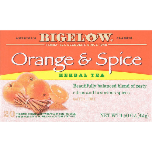 Bigelow Herbal Tea, Orange & Spice, Caffeine Free, Tea Bags