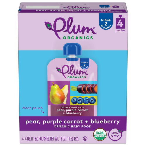 Plum Organics Stage 2 Organic Baby Food Pear, Purple Carrot + Blueberry 4oz Pouch-4-Pack
