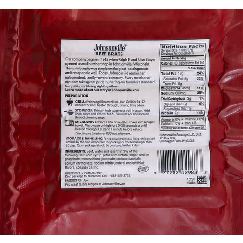 Johnsonville Bratwurst, Beef Brats, Smoked
