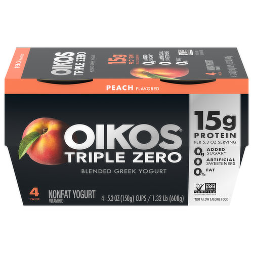 Oikos Yogurt, Nonfat, Peach Flavored, 4 Pack