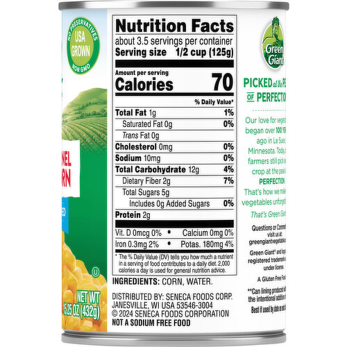 Green Giant Sweet Corn, No Salt Added, Whole Kernel
