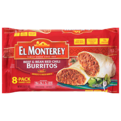 El Monterey Burritos, Beef & Bean Red Chilli, Family Size, 8 Pack