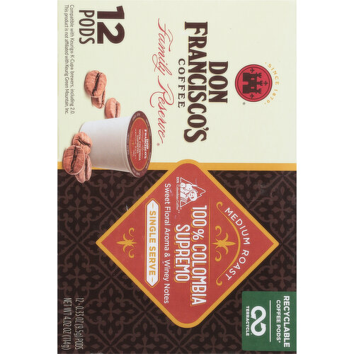Don Francisco's Coffee, 100% Colombia Supremo, Medium Roast, Single Serve, Pods