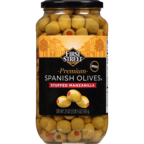 First Street Spanish Olives, Stuffed Manzanilla, Premium