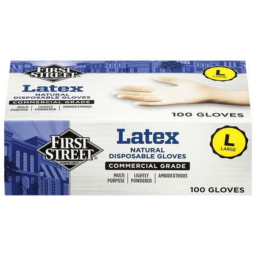 First Street Disposable Gloves, Natural, Latex, Large