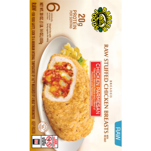 Barber Foods Chicken Breasts, with Rib Meat, Raw Stuffed, Chicken Parmesan, Breaded