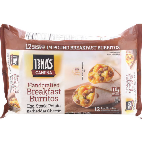 Tina's Breakfast Burrito, Handcrafted, Egg, Steak, Potato & Cheddar Cheese, 12 Pack
