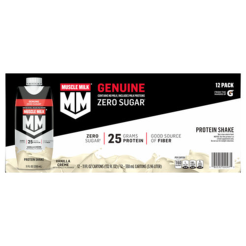 Muscle Milk Protein Shake, Zero Sugar, Vanilla Creme, Genuine, 12 Pack