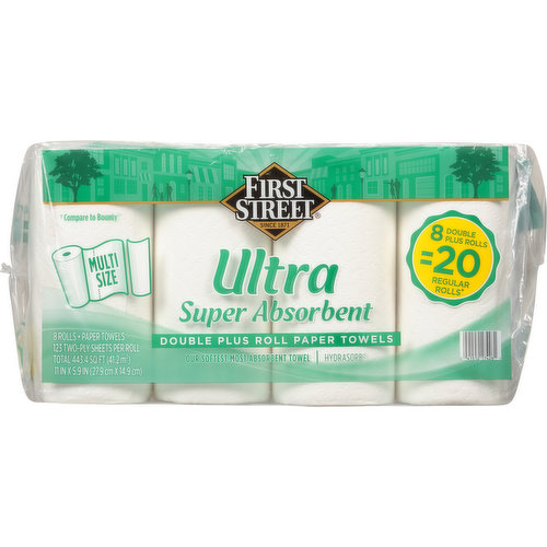 First Street Paper Towels, Multi Size, Super Absorbent, Ultra, Double Plus Roll, Two-Ply
