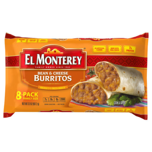 El Monterey Burritos, Bean & Cheese, 8-Pack, Family Size
