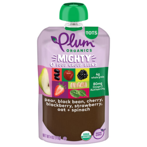 Plum Organics Mighty 4 Pear, Black Bean, Cherry, Blackberry, Strawberry, Oat + Spinach 4oz Pch