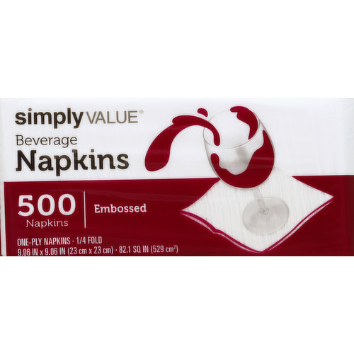 Simply Value Napkins, Beverage, 1/4 Fold, Embossed, One-Ply
