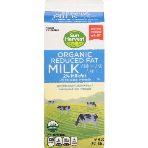 Sun Harvest Milk, Organic Reduced Fat, 2% Milkfat