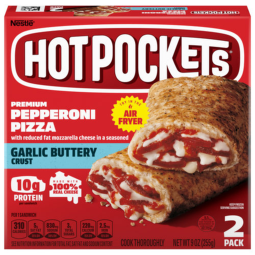 Hot Pockets Sandwiches, Pepperoni Pizza, Premium, Garlic Buttery Crust, 2 Pack