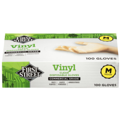 First Street Gloves, Disposable, Clear, Vinyl, Medium