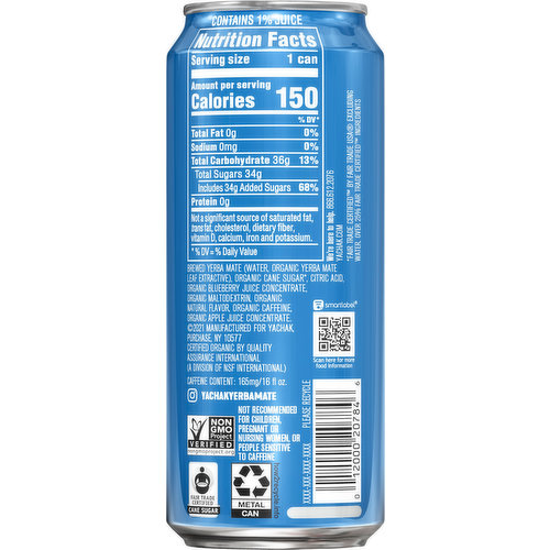 Yachak Energy Drink, Organic, Berry Blue, Yerba Mate