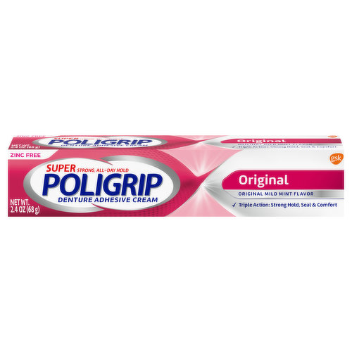 Poligrip Denture Adhesive Cream, Zinc Free, Original