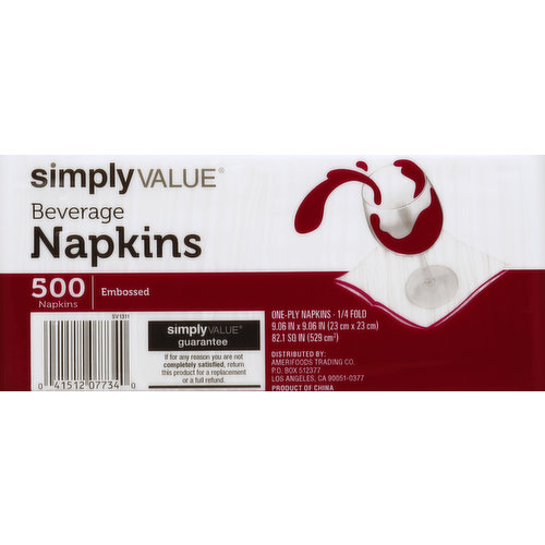 Simply Value Napkins, Beverage, 1/4 Fold, Embossed, One-Ply