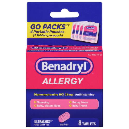 Benadryl Antihistamine, Tablets, Go Pack