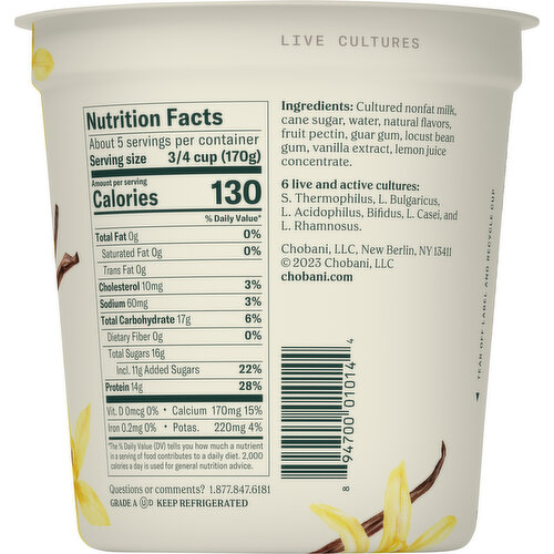 Chobani Yogurt, Greek, Nonfat, Vanilla
