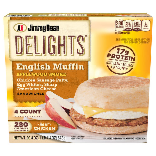 Jimmy Dean Jimmy Dean Delights English Muffin Breakfast Sandwiches with Applewood Smoke Chicken Sausage, Egg White, and Sharp American Cheese, Frozen, 4 Count