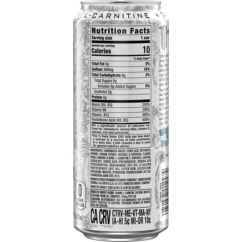Monster Energy Ultra Monster Energy, Zero Ultra, Sugar Free Energy Drink, 4 Pack - 16 Fl Oz