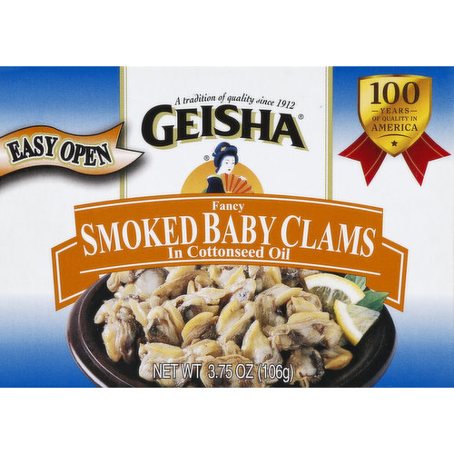 Geisha Clams, Baby, Fancy Smoked, in Cottonseed Oil