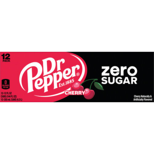 Dr Pepper Soda, Zero Sugar, Cherry, 12 Pack