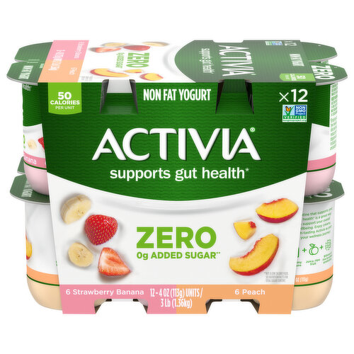 Activia Yogurt, Non Fat, Strawberry Banana/Peach, Zero Added Sugar